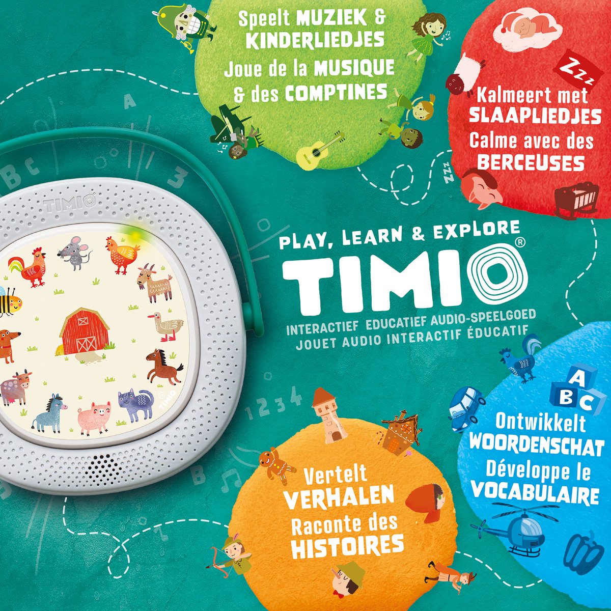 TIMIO Player Starter Kit + 5 Discs – Educatieve Audio-Speler 2–6 jaar | Oplaadbar | Kinderliedjes, Verhaaltjes & Quizvragen | Leert Letters, Kleuren, Getallen, Dieren | 8 Talen (NL/FR/EN/DE...) — afbeelding 4