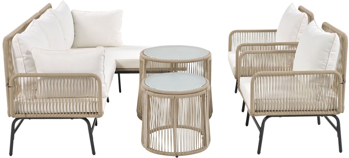 Merax Loungeset voor 6 Personen - Beige tuinmeubelset met touw en kussens