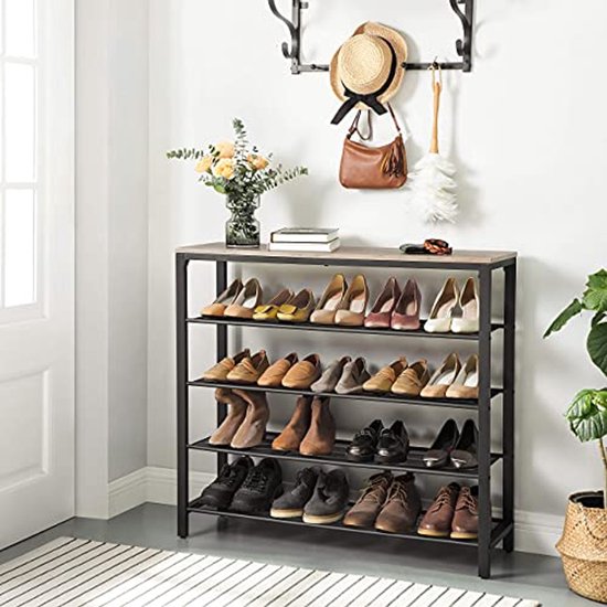 Exxen Industriële Schoenenrek, 5-tier Schoenenopbergorganizer Met 4 Verstelbare Mesh Planken 75 5x30x87 Cm Badkamerplank Boekenplank Voor Entreehal Kast Greige En Zwart