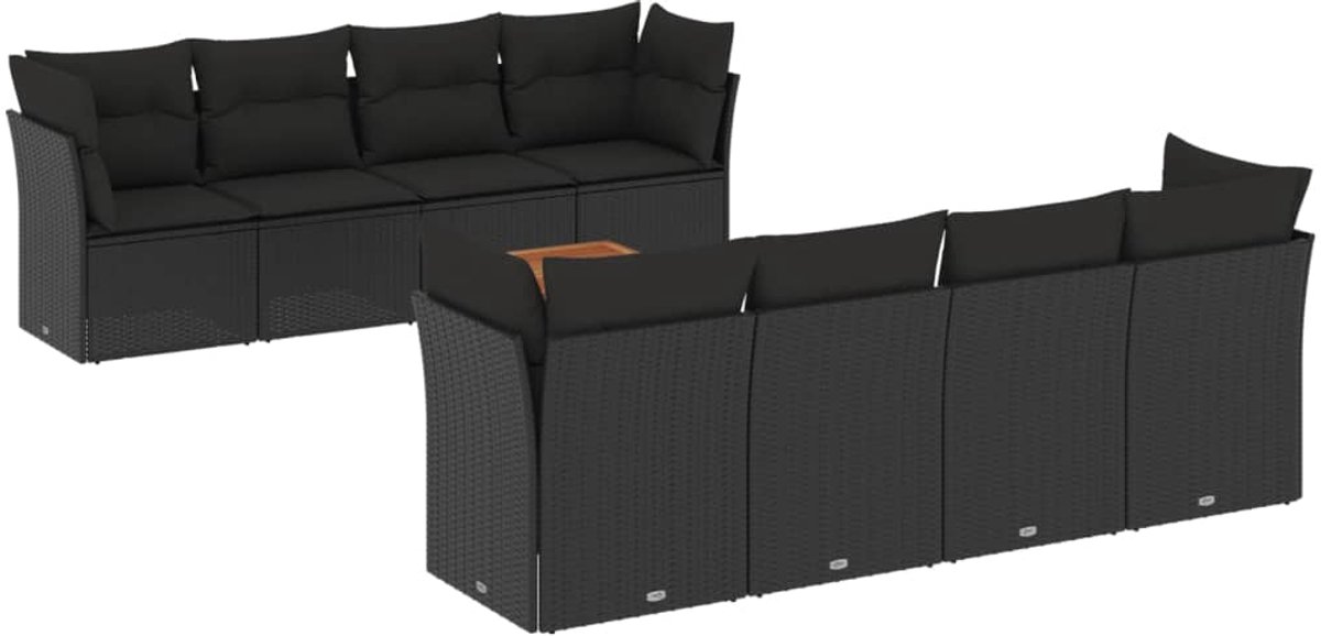 Moderne zwarte poly rattan loungeset met kussens voor buiten - Tuinmeubels.