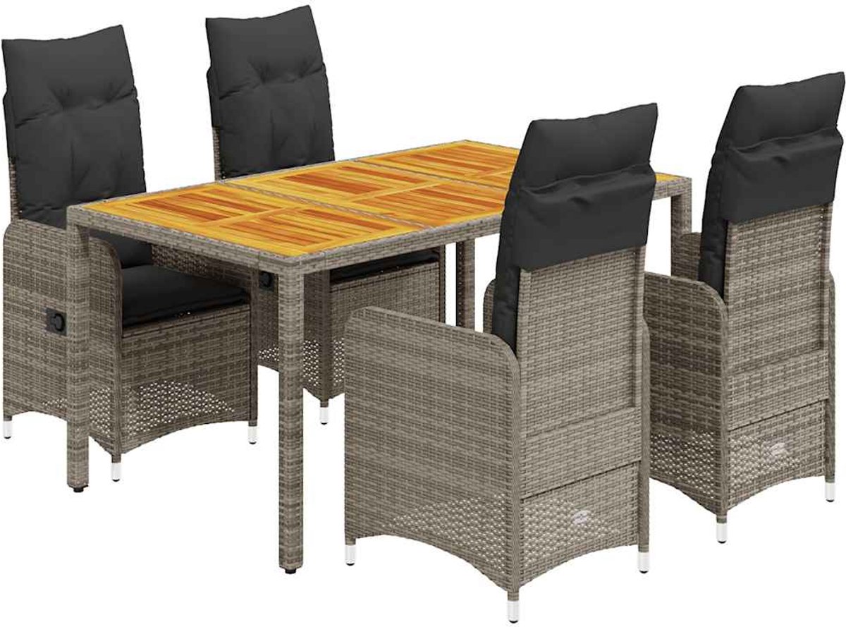 The Living Store 5-delige Bistroset met kussens poly rattan grijs - Tuinmeubleset - Bistroset - Lounge Set - Buitendecoratie - PE-rattan