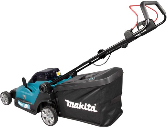 Makita elektrische grasmaaier in turquoise en zwart met grasopvangzak en rode handgrepen.