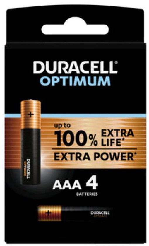 Duracell Optimum AAA-batterijen (4 stuks). Zwarte batterijen met gouden banden. 'Tot 100% extra levensduur of extra kracht'.
