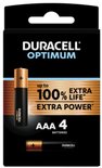 Duracell Optimum AAA-batterijen (4 stuks). Zwarte batterijen met gouden banden. 'Tot 100% extra levensduur of extra kracht'.