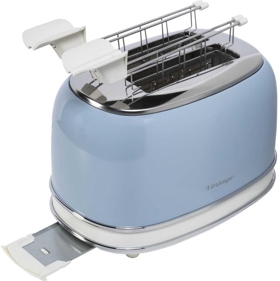Blauwe retro broodrooster met openstaande toastklemmen, witte basis en chroomkleurige rand. Tekst 'Vintage'.