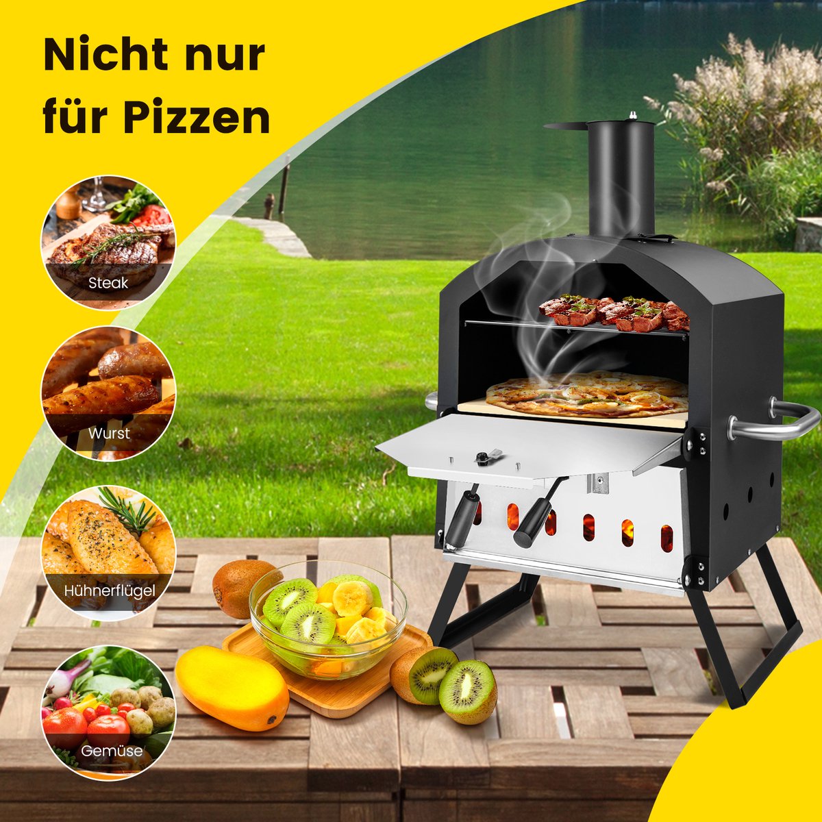 COSTWAY Outdoor pizzaoven, 2-laags pizzaoven met grillrooster, pizzasteen, pizzaschep, waterdichte afdekking, hittebestendige handgrepen en inklapbare poten, voor picknick, feest, camping – foto 3