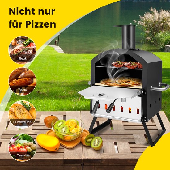 COSTWAY Outdoor pizzaoven, 2-laags pizzaoven met grillrooster, pizzasteen, pizzaschep, waterdichte afdekking, hittebestendige handgrepen en inklapbare poten, voor picknick, feest, camping — afbeelding 3