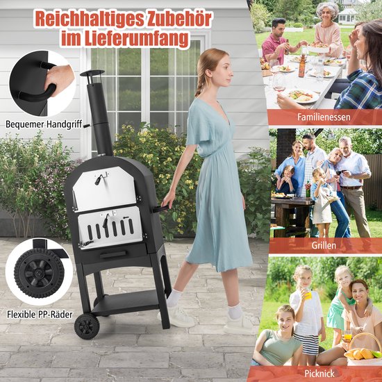 COSTWAY Pizzaoven voor buiten, houtgestookte pizzaoven met ingebouwde thermometer, praktische handgreep, wielen, waterdichte afdekking en asopvanglade van costway — afbeelding 5
