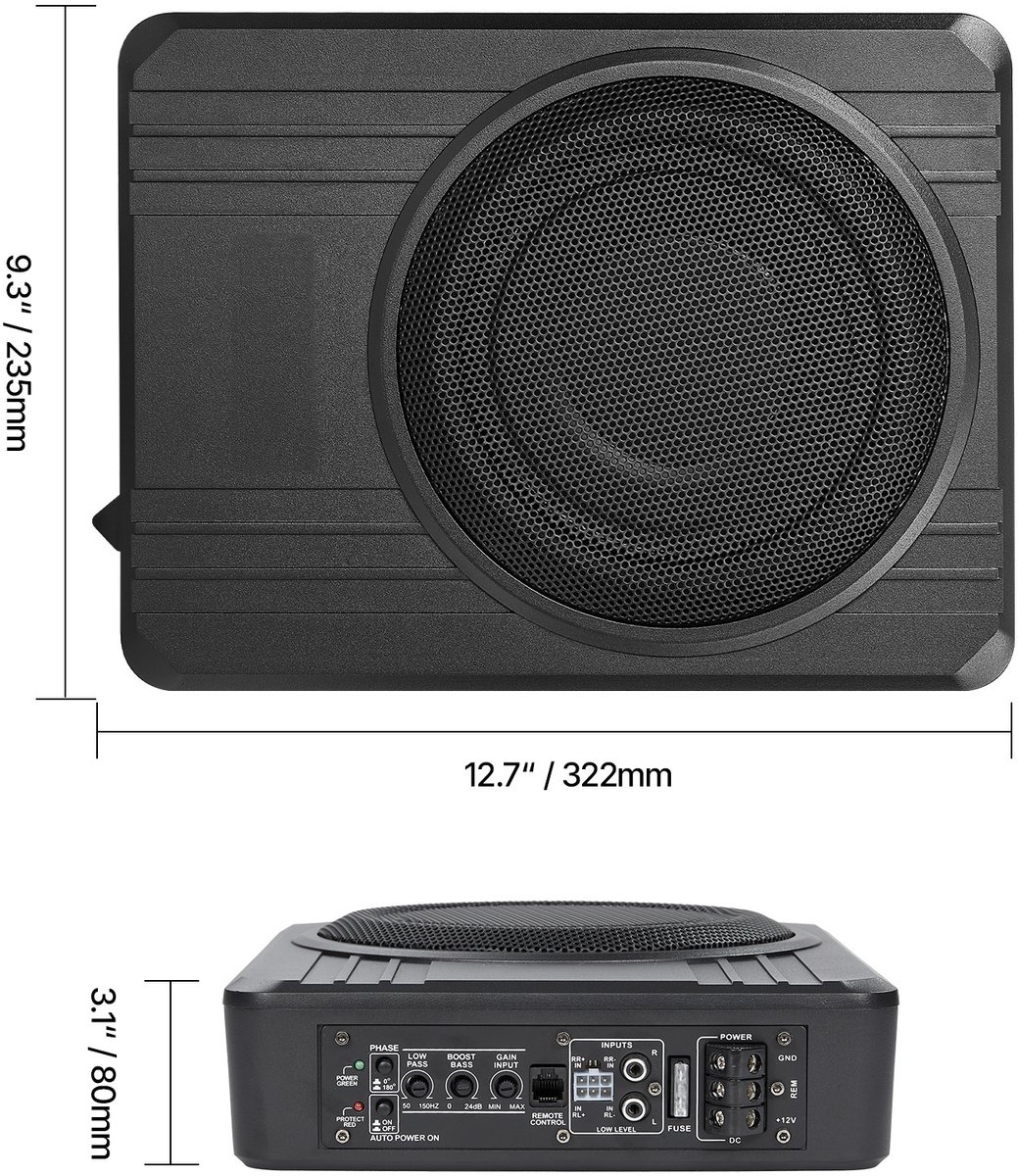Auto subwoofer onder de stoel - Actieve subwoofer - 20 cm (203 mm) - 400 W - Ingebouwde versterker - Hoog- en laagniveau-ingang - Volumeregeling - Slank – foto 4
