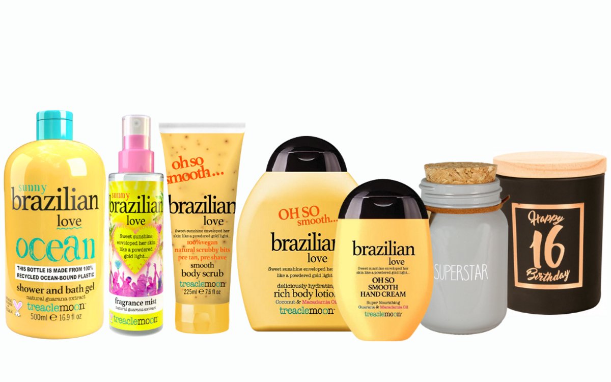 Treaclemoon Cadeauset Brazilian Love Verjaardag 16Jaar - Treaclemoon Brazilian Love Body Mist 150 ml - Treaclemoon Bath&Shower Brazilian Love - Treaclemoon Body Scrub Brazilian Love