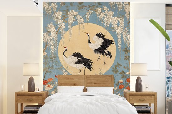 Behang - Fotobehang Kraanvogels - Maan - Bloemen - Blauw - Breedte 160 cm x hoogte 220 cm