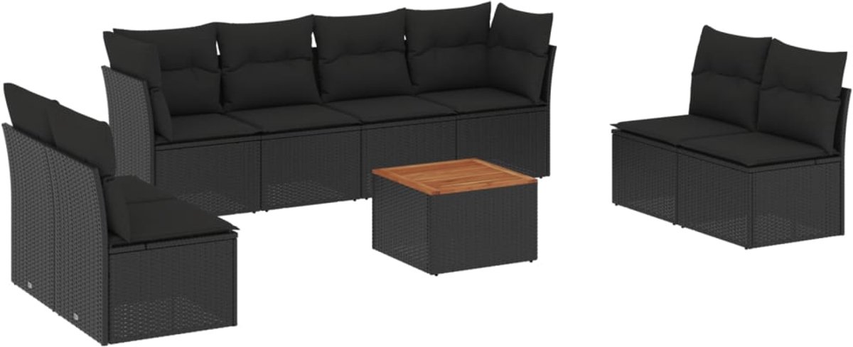 Zwarte poly rattan loungeset met kussens voor buiten - The Living Store.