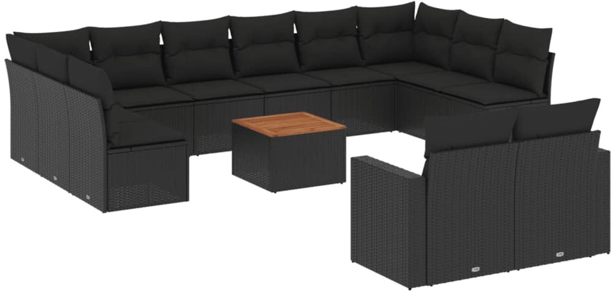 Zwart poly rattan loungeset met kussens voor buiten - The Living Store.