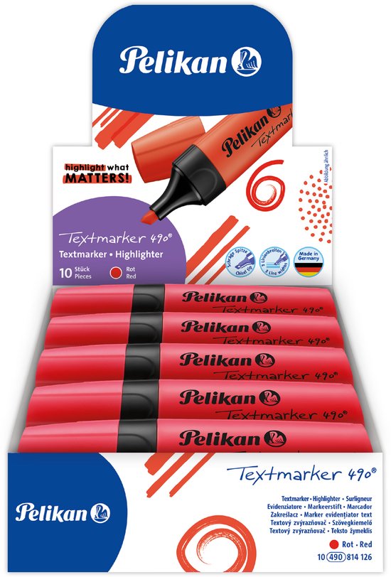 Boîte de 10 Pelikan Textmarker 490 rouges, avec informations produit.