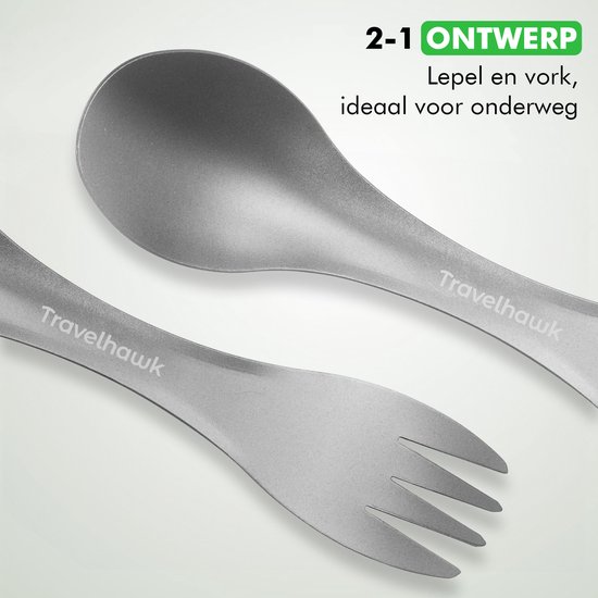 Navaris 2 x campingbestek van titanium - Twee sets met vork, mes en lepel - Bestekset voor onderweg en op reis - Inclusief karabijnhaak en bewaarzakje
