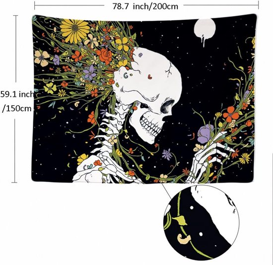 Wandkleed binnen - Wandtapijt - Schedel - Bloemen - Muurkleed - Wanddoek Stof - 200 x 150 cm - Wanddecoratie - Wandhanger - Muurhanger - Fotobehang - Poster - Ulticool - Decoratie - Woonkamer - Slaapkamer