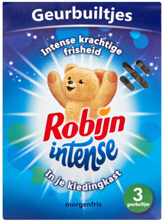 Verpakking van Robijn Intense geurbuiltjes met een knuffelbeer en de tekst "Intense krachtige frisheid in je kledingkast morgenfris". "Geurbuiltjes"