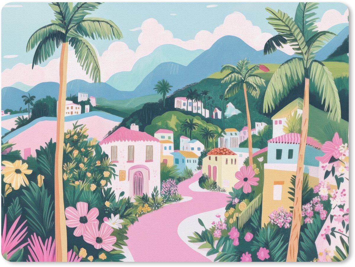 Muismat 23x19 cm - Mousepad Kleurrijk - Huizen - Heuvels - Roze - Muismatten
