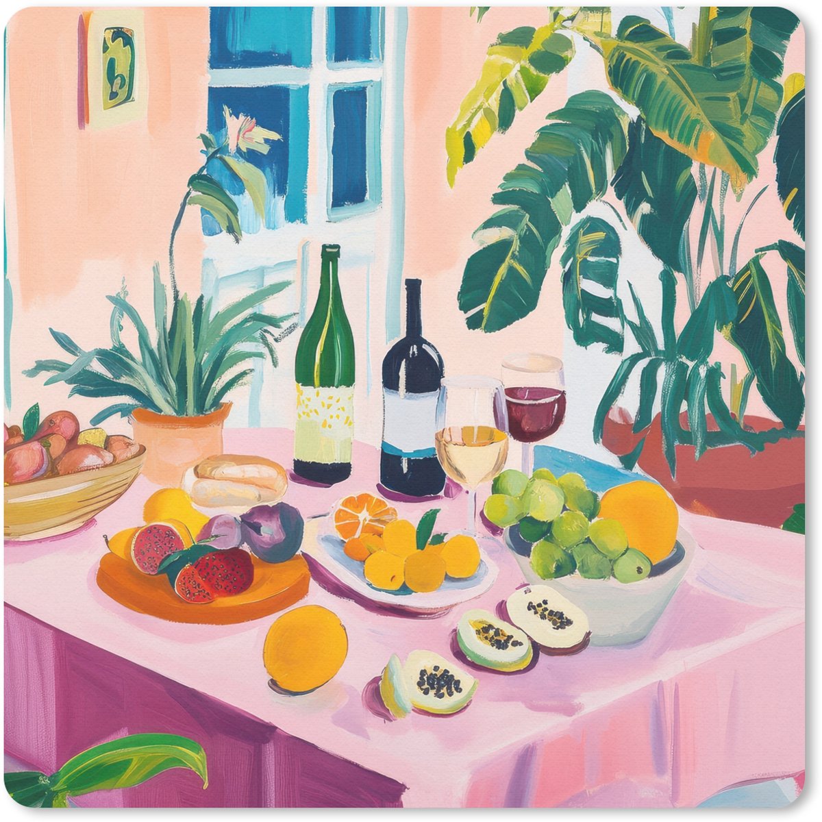 Muismat 20x20 cm - Mousepad Tafel - Wijn - Fruit - Muismatten