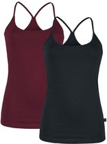 Twee mouwloze tops: één wijnrood en één zwart. Beide met spaghettibandjes en een racerback.