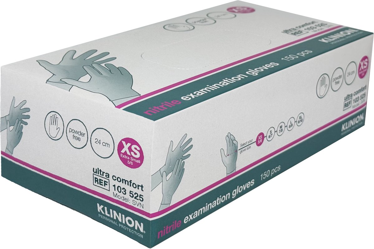 Klinion Personal Protection Ultra Comfort - Handschoenen - Nitril - Poedervrij - Maat XS (Extra Small) - Wit - 150 stuks