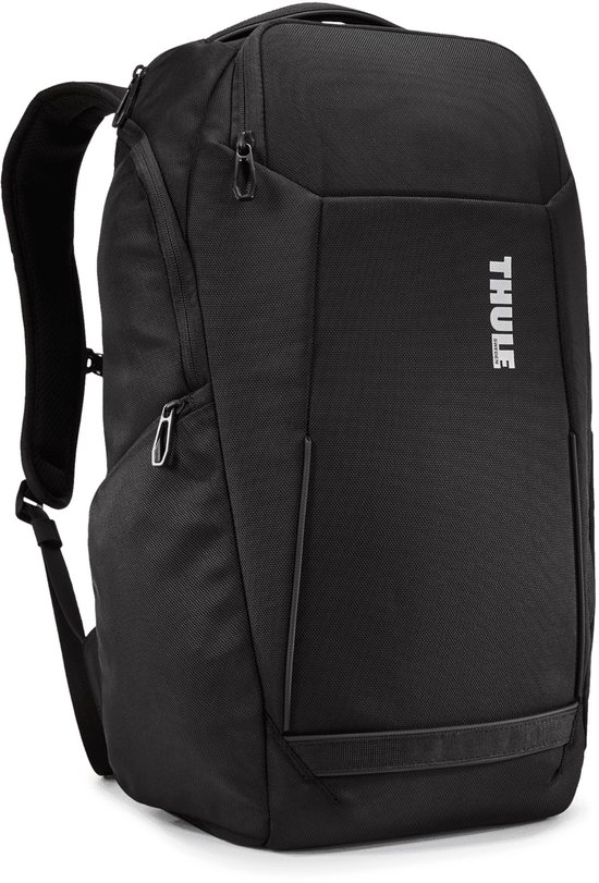 Sac à dos Thule noir avec logo sur le devant, photographié de côté.