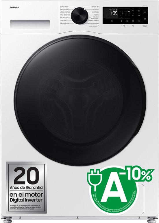 Samsung WD90DG5G34BE, Voorbelading, Vrijstaand, Wit, Links, Zwart, LED