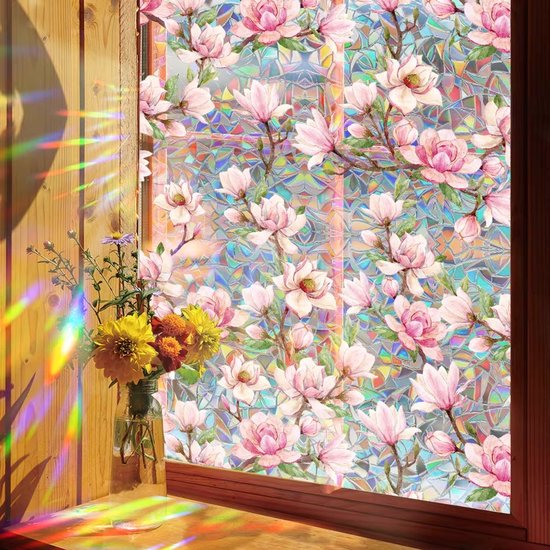 Milieuvriendelijke PVC Glasfolie - Kleurrijk Magnolia patroon - Zelfklevend - Privacy en UV Bescherming - 40x100 cm