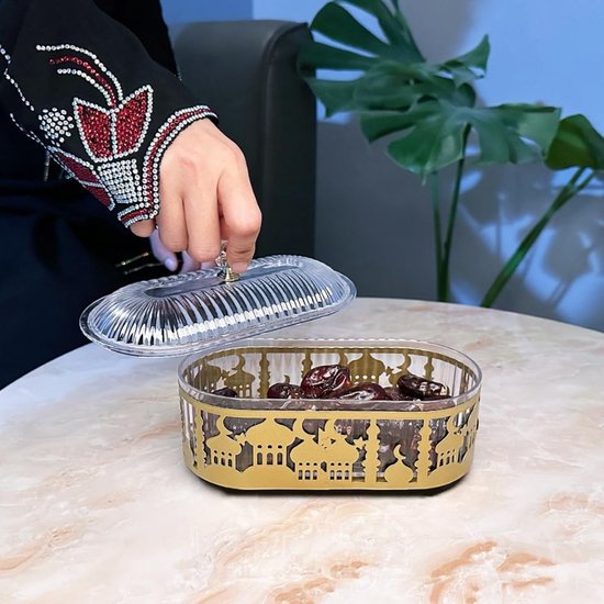 Foto: Sumoh ramadan dienblad met deksel gouden metalen serveerschaal voor eid mubarak oosterse tafeldecoratie dienblad voor snoep noten koekjes iftar tafel decor herbruikbaar ramadan geschenk