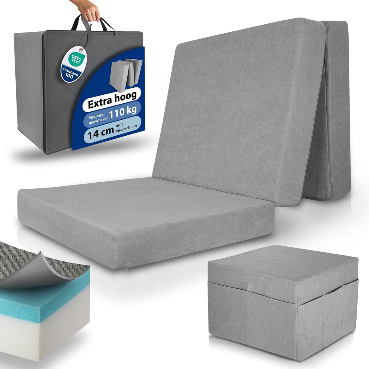 Opvouwbare Matras - Logeer Matras Gastenbed - Comfortabel Slapen - Extra Dik 14 cm - 90x200 cm - Grijs