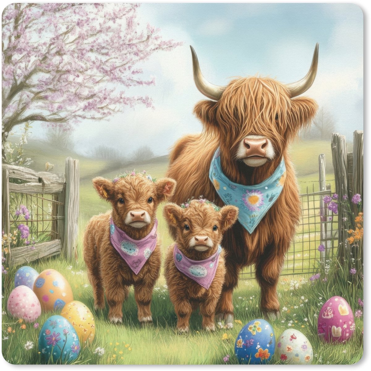 Muismat XXL 60x60 cm - Bureau onderlegger - Bureau mat Schotsehooglanders - Paaseieren - Lente - Bureaumat - Gaming mousepad xl - Bureaulegger groot - Computer deskmat