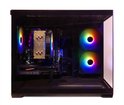 Zwarte pc-kast met glazen zijkant, met veelkleurige RGB-fans, videokaart en moederbord.