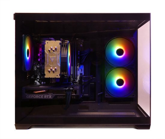Zwarte pc-kast met glazen zijkant, met veelkleurige RGB-fans, videokaart en moederbord.