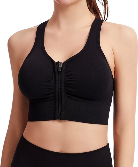 Sport BH Met Rits - BH met Voorsluiting - Push Up BH zonder beugel - Maat L - Zwart - Extra comfortabele Sport BH - Sport bh dames - Shock absorber - Sport top - Magic bra - Comfort BH