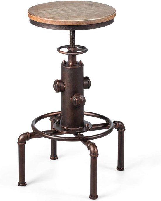 GIANTEX Barkruk, in hoogte verstelbaar 59,5-75 cm, retro barstoel draaibaar, ronde tresenhocker bistrohocker met voetsteun, keukenhocker industrieel van hout & metaal, industrie-hocker houten hocker