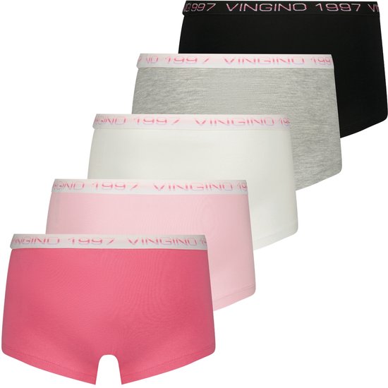 Set van vijf Vingino boxers in zwart, grijs, wit, lichtroze en roze.