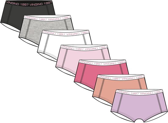 Set van zeven meisjesboxers in verschillende kleuren, elk met een VINGINO 1997 logo op de tailleband.