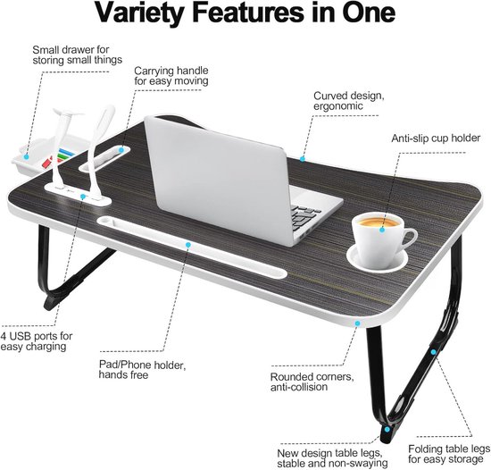 HOMYLIN Folding Table with Adjustable Height and Angle, Foldable Laptop Table with Cup Holder, No Assembly Required, 49 x 35.5 x 71.5 cm, Black