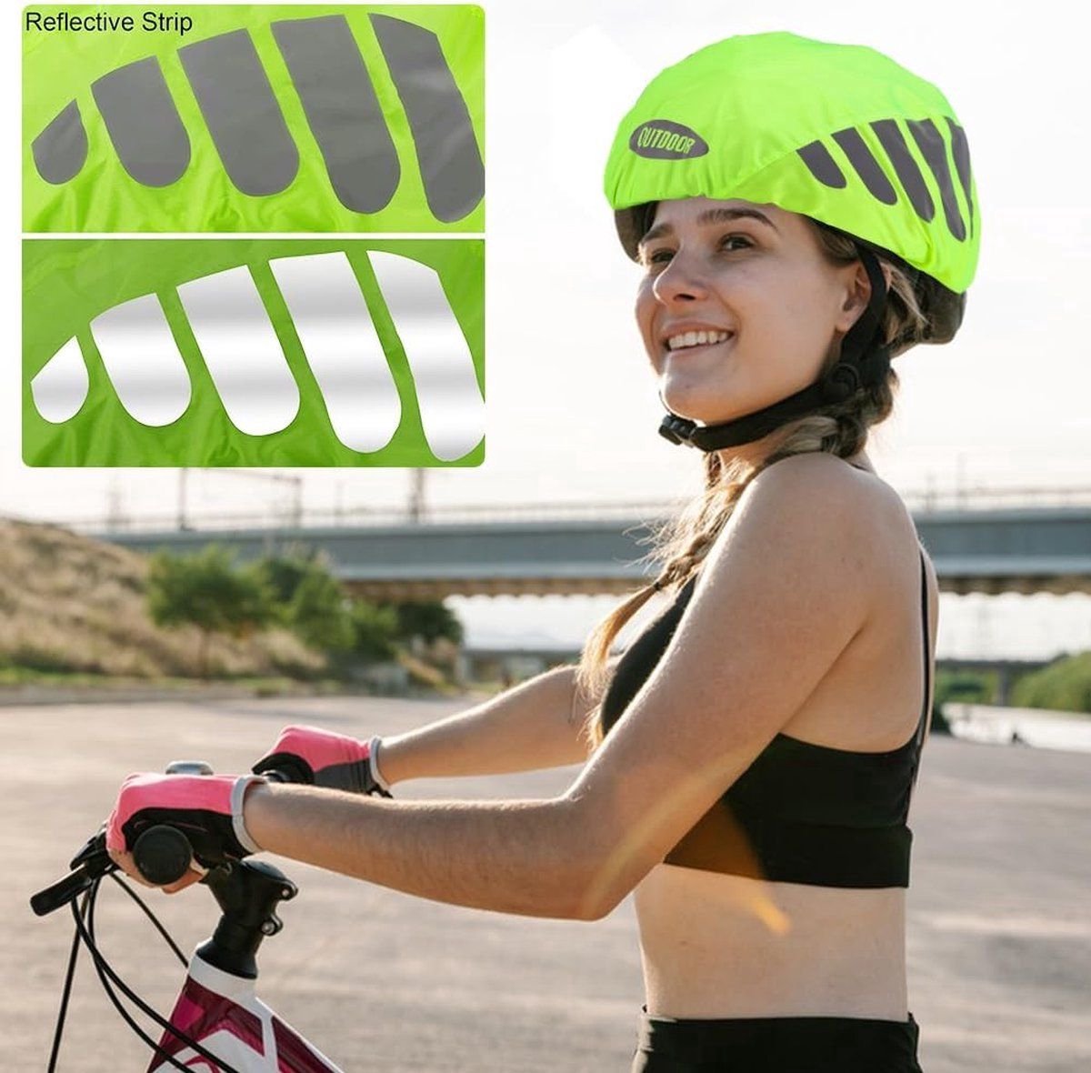 Fietshelm regenbescherming met waterdichte hoes - 2 stuks - Reflecterende helmhoes voor fiets - Beschermt tegen regen - Roze en Groen – foto 3