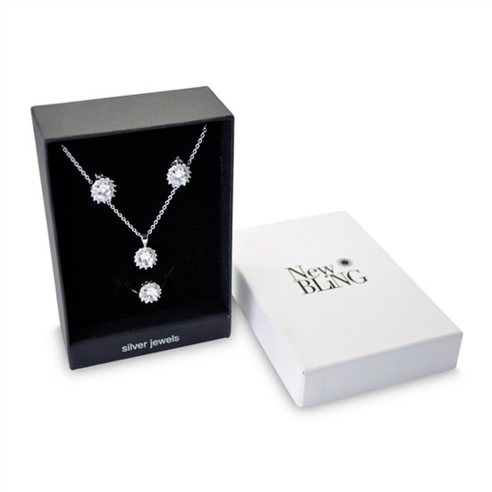 New Bling Gift Set 9NB SET008 60 Bijoux Gift Set - Boucles d' Boucles d'oreilles en argent 6x8 mm Collier 40 + 5 cm Ring taille 60 - Solitaire Zirconia stone - Argenté