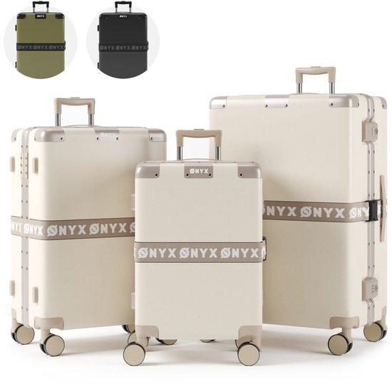 ONYX® Bagage à main et valise d'enregistrement - Ensemble de valises 33L/65L/100 L - Serrure TSA - Roues Spinner - Trolley léger - Fermeture en aluminium - Blanc sable