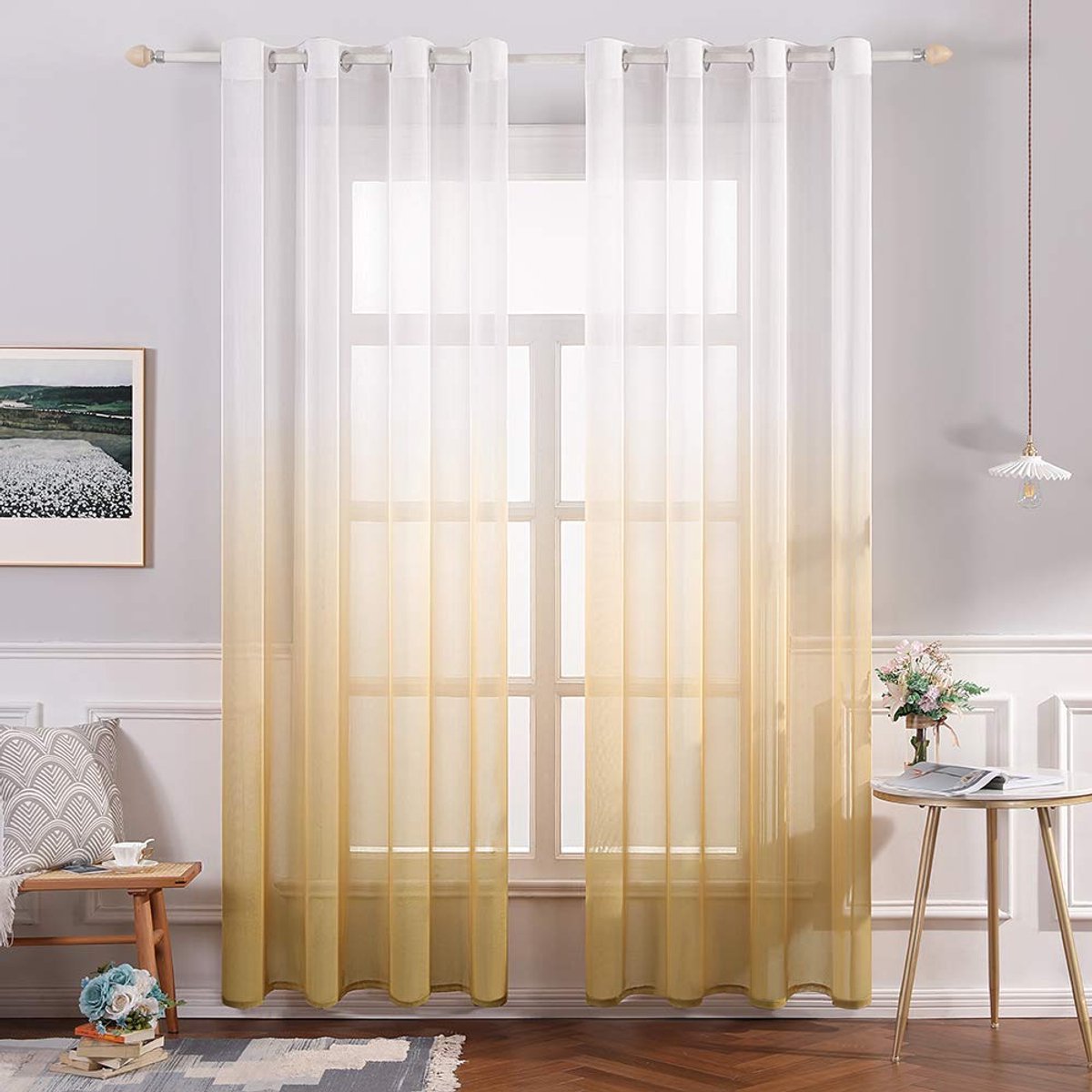 Ibenzoa Transparante Voile Gordijnen met Kleurverloop en Ringen voor Elegante Woonkamer Decoratie geel