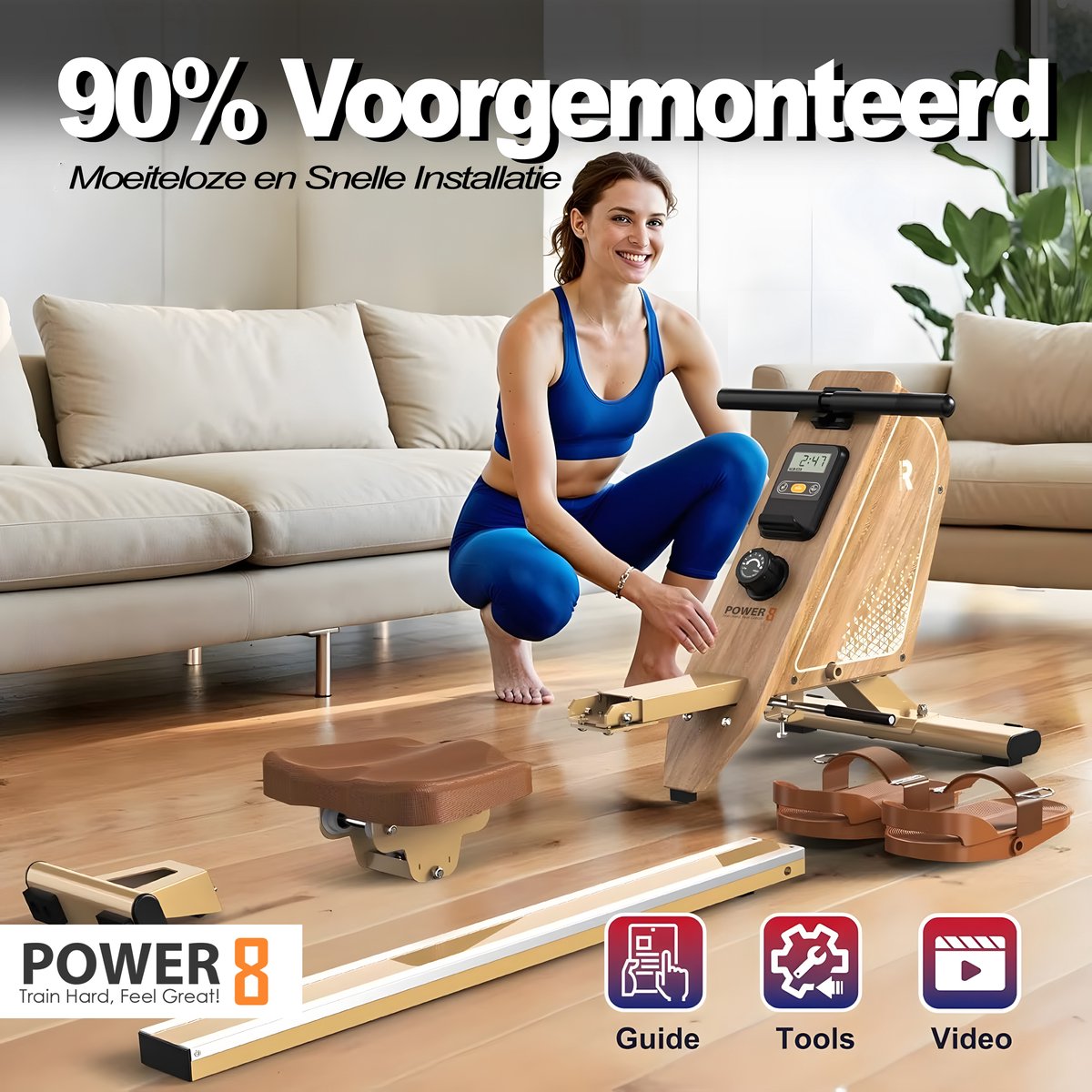 Afbeelding 3 van Power-8® OR3 Waterroeimachine – Luxe Houten Roeitrainer met Realistische Waterweerstand – Bluetooth & App Connectie – 160 kg Max Gewicht – Thuis Fitnessapparaat