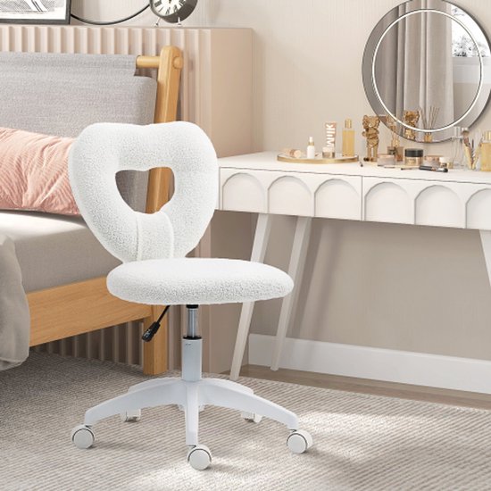 Bureaustoel Bureaustoel Draaibare home office stoel met hartvormige rugleuning, zonder armleuning In hoogte verstelbare teddy fleece make-up stoel voor studie, wit