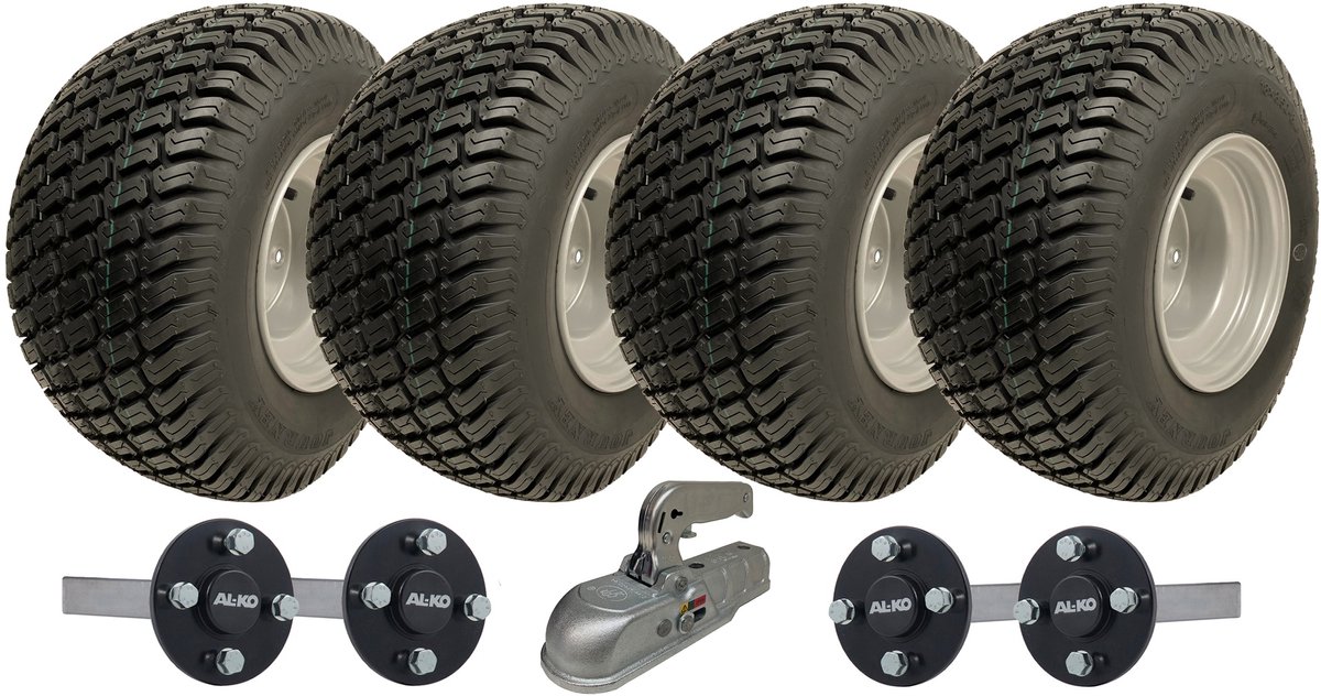 18x8,50-8 wielset voor ATV-aanhangwagen met dubbele as, AKLO-naaf en asstompen + trekhaak 1500 kg