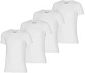 Vier witte basic t-shirts met V-hals van Apollo Bamboo, opgesteld in een rij.