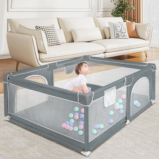 Grote Kinderbox 180x150 Cm - Opvouwbare Activiteitenbox Met Ritssluiting En Basis - Grijs