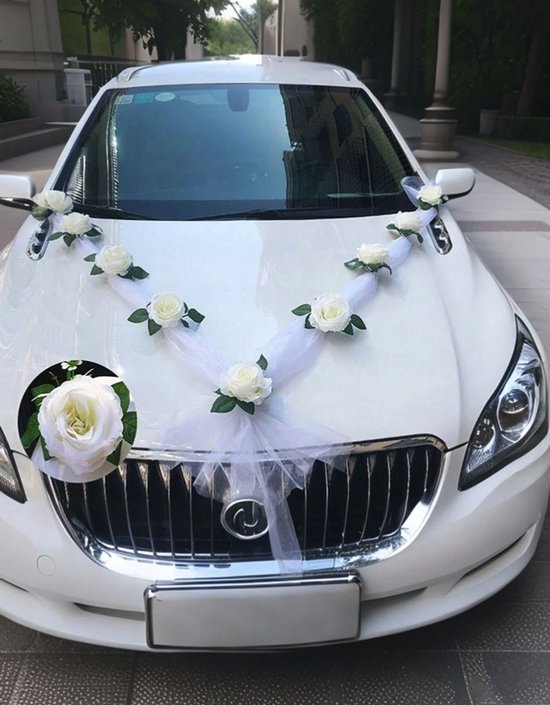 Set de décoration pour voiture de mariage – 9 roses artificielles roses – 2 tulles – 1 ventouse – 10 Attache-câbles – Décoration pour voiture de mariage, voiture de mariée et fête de mariage
