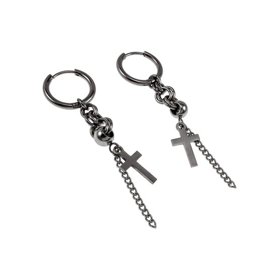 Boucles d'oreilles unisexes ∅16 mm - Acier inoxydable - Boucles d'oreilles avec croix et chaîne - Boucles d'oreilles longues 60 mm - Touche industrielle - Handgemaakt