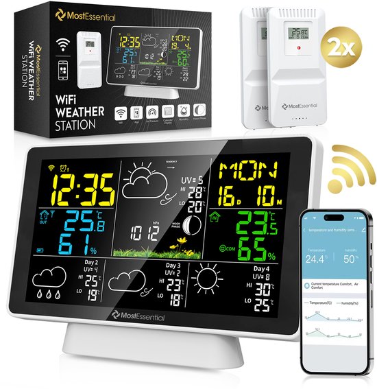 MostEssential Weerstation Wifi Edition - Draadloos Weerstation met Buitensensor - Hygrometer - Binnen en Buiten - 150 Meter Bereik - Inclusief App - Wit - 2 sensors